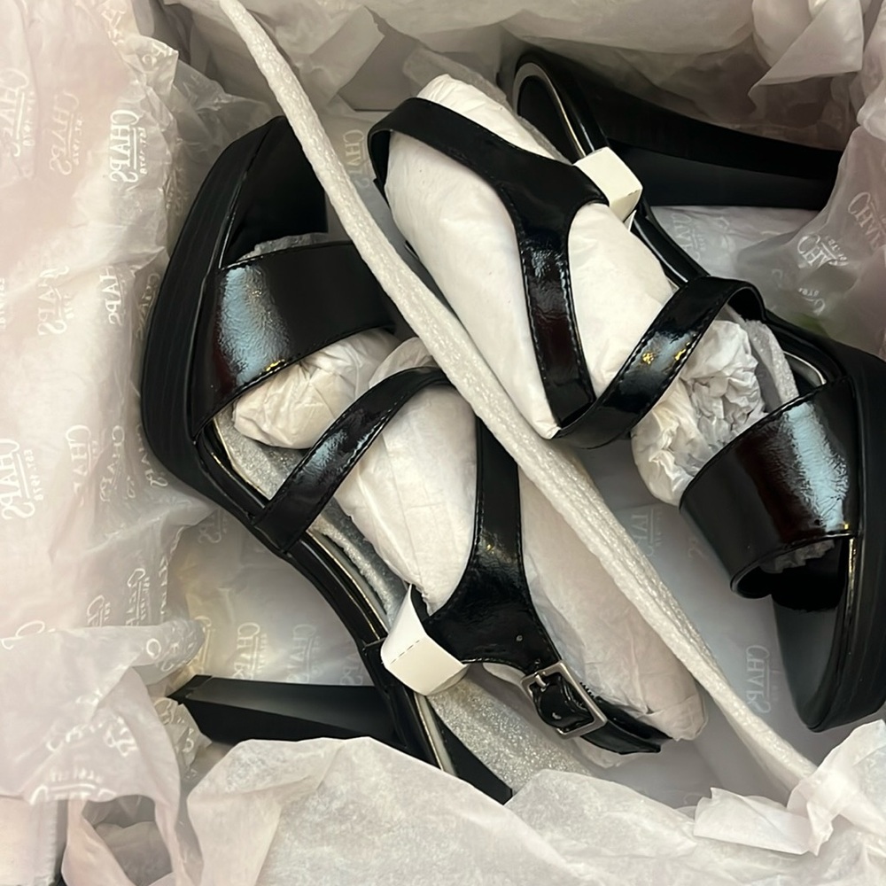 493 New chaps women's erna black patent pu strappy open toe sandals heels shoes
